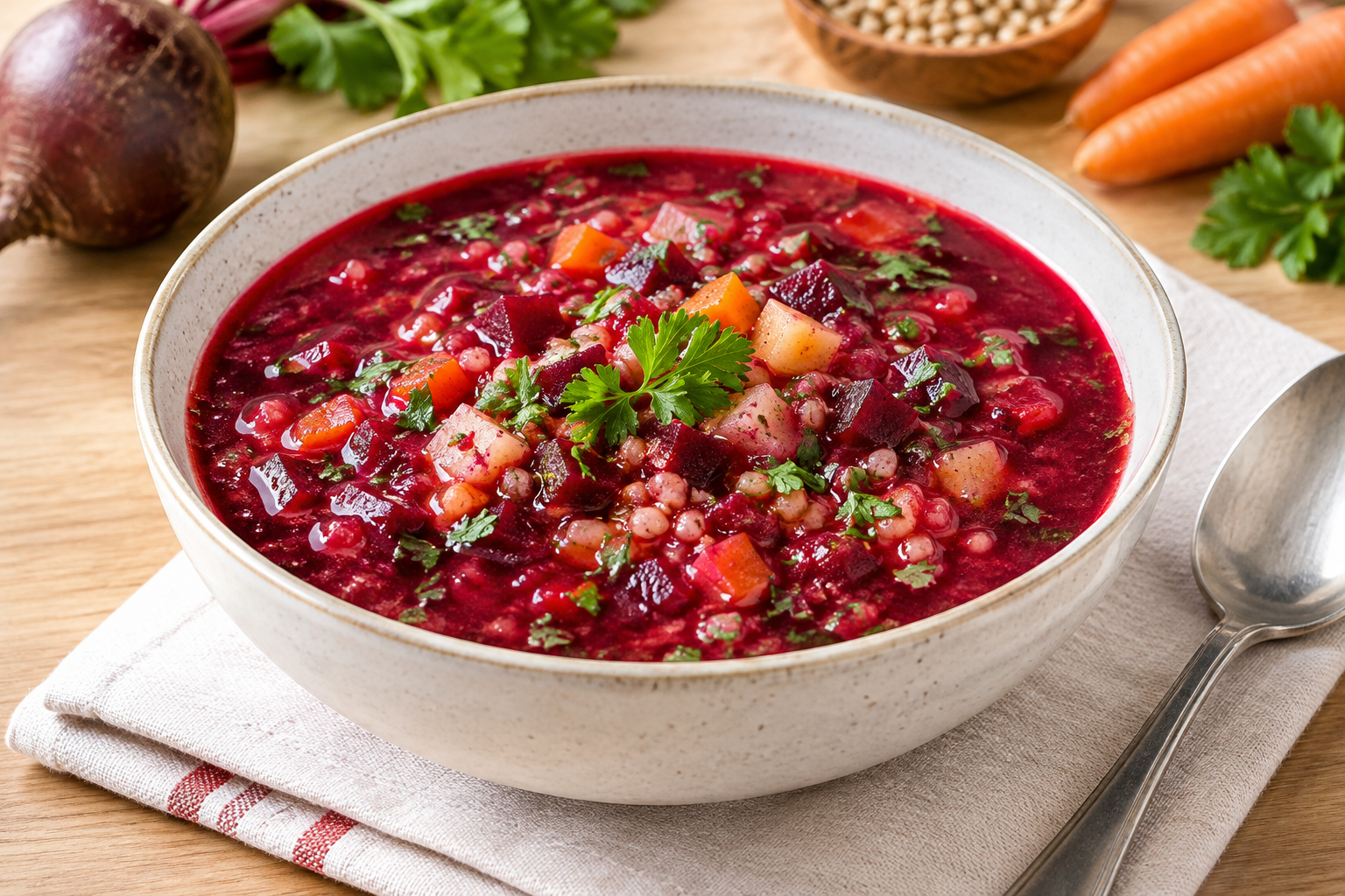 Jak na pohankovou polévku s červenou řepou: Sytý zeleninový recept plný barev