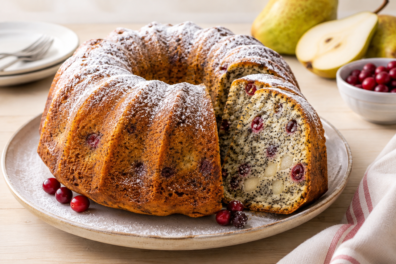 Maková bábovka s hruškami a brusinkami: Domácí recept