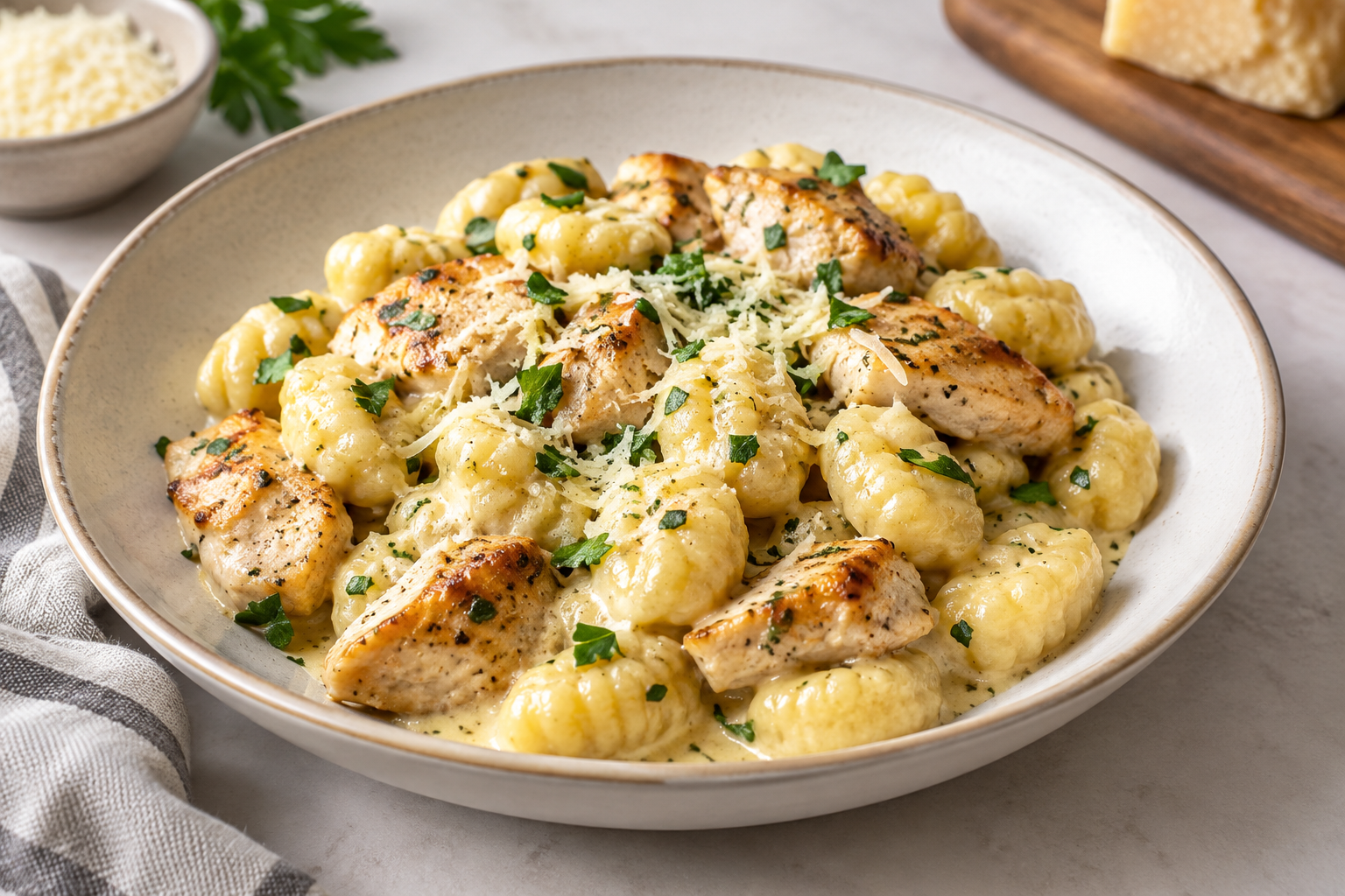 Gnocchi s máslovo-parmazánovou omáčkou a kuřecím masem
