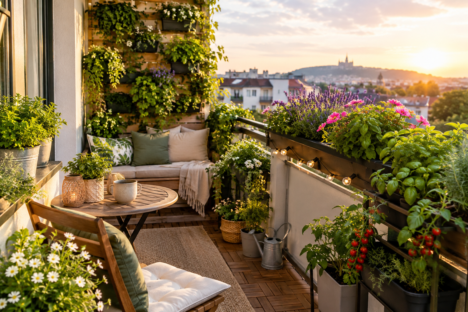12 nápadů na balkon, který působí jako malá zahrada