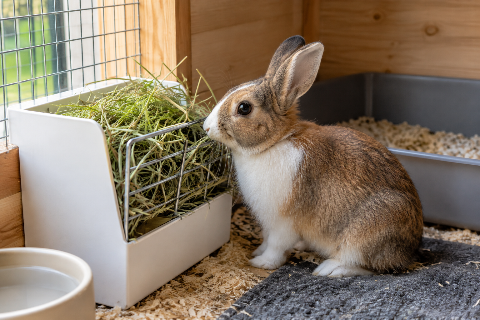 Jak králíkovi nabídnout seno tak, aby zůstalo čisté a dostupné